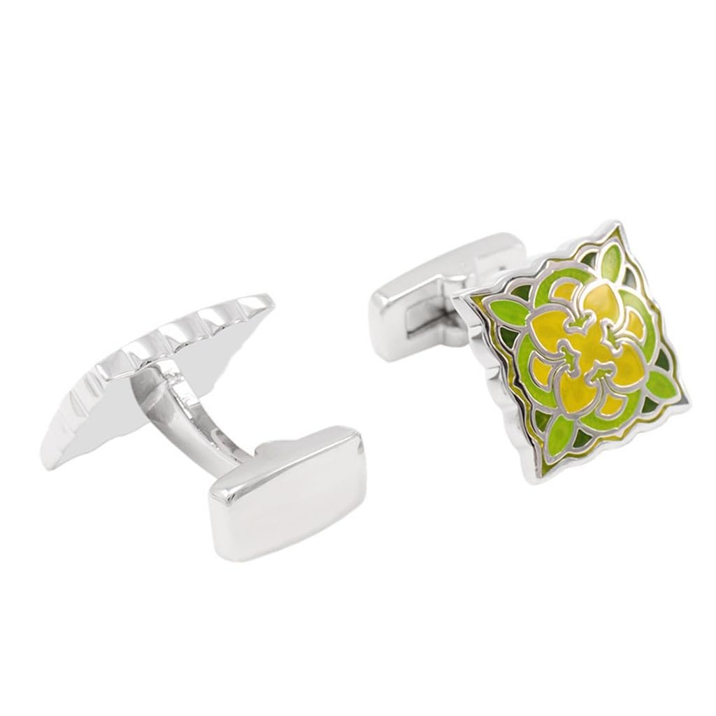 Gemelos de Camisa Francesa con diseño Cuadrado y diseño Retro con uñas para Hombre, Estilo Boutique, Negocios, Esmalte Verde y Amarillo