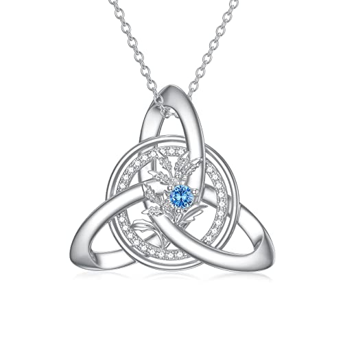 TOUPOP Christmas Gifts for Women Holly Birth Flower Necklace with Blue Zircon December Birthstone Pendant Sterling Silver Trinity Knot Birth Month Flower Celtic Jewelry for Women Irish Gifts for Birthday Mothers Day Graduation