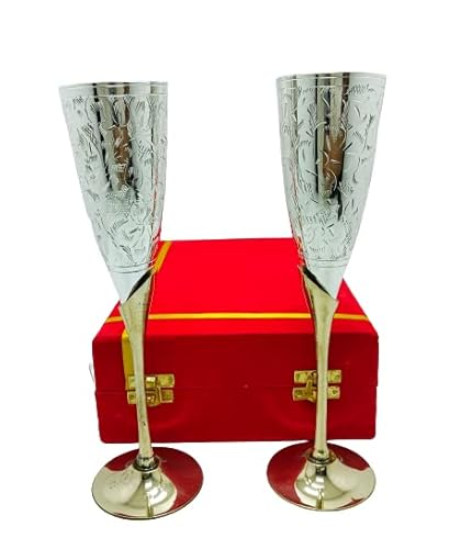 Rynass Royal Handmade Engraved Silver Plated Brass Champagne Toasting Flutes Set Of 2 Wine Glasses Goblets For Wedding With Presentation Velvet Box (With Box) #TOP1