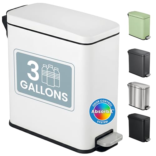 iTouchless 3 Gallon Slim Bathroom Trash Can with Lid & Odor Filter, Soft-Step Steel Pedal Bin for Narrow Spaces, Durable Metal Wastebasket for Powder Room, Nursery, & Minimalist Decor – Matte White