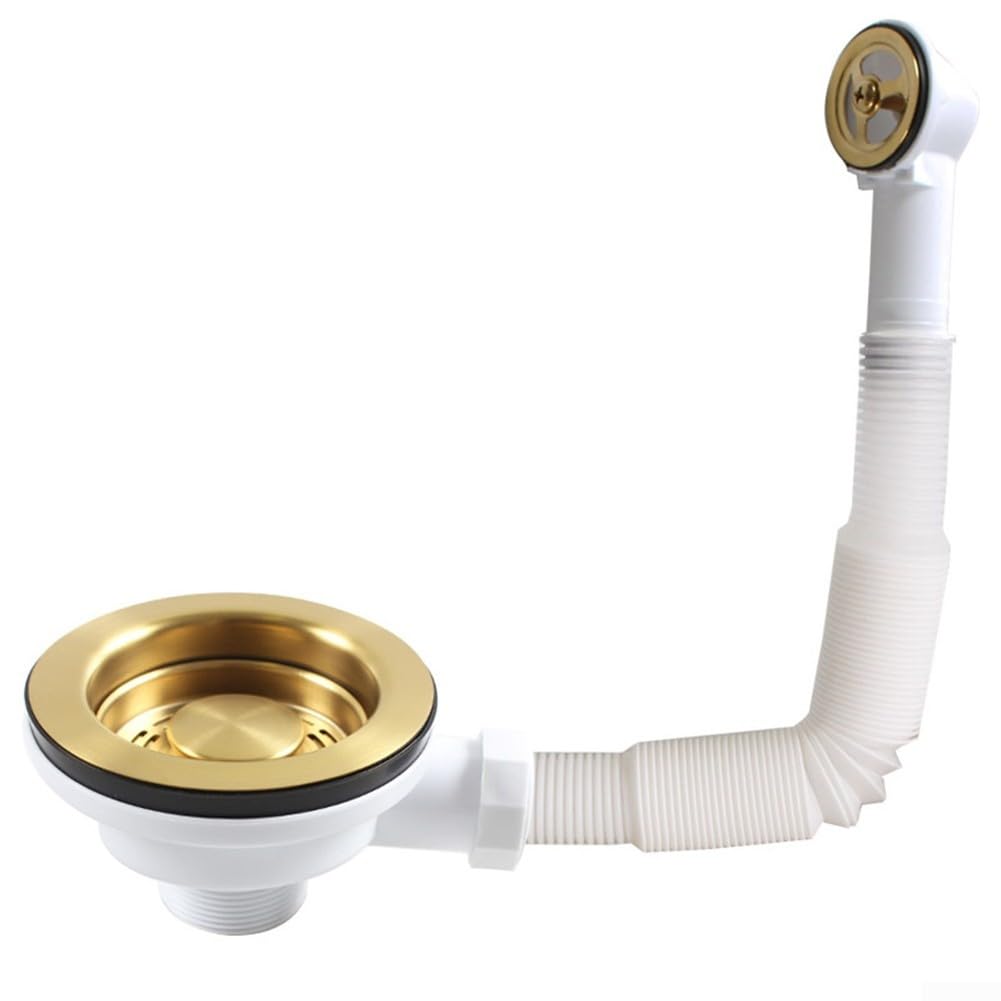 Feegow Colador de desagüe para fregadero de cocina con acabado dorado, 114 mm, chapado en oro, con desbordamiento, antiobstrucción