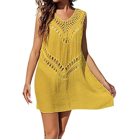 MAYFASEY Swimsuit Cover Ups for Women V Neck Hollow Out Swim Coverup Crochet Summer Beach Cover Up Dress, Yellow, XL Cover