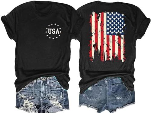 American Flag Patriotics Shirts Women USA 4th of July T Shirt Red White Blue Graphic Short Sleeve Tee Tops (US, Alpha, X-Large, Regular, Regular, Black)