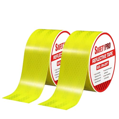 SafetyPro 2 Pack Yellow Reflective Tapes with a Squeegee Tool, Waterproof High Intensity Outdoor Safety Conspicuity Tape for Vehicles, Trucks, Trailer, Motorcycle, Bikes, Cargos, Helmets (2in x 20ft)