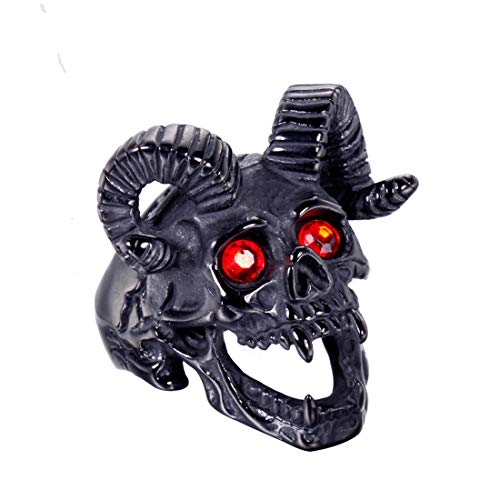 PAURO Men's Stainless Steel Skull Goat Horn with Ruby CZ Black Size 13
