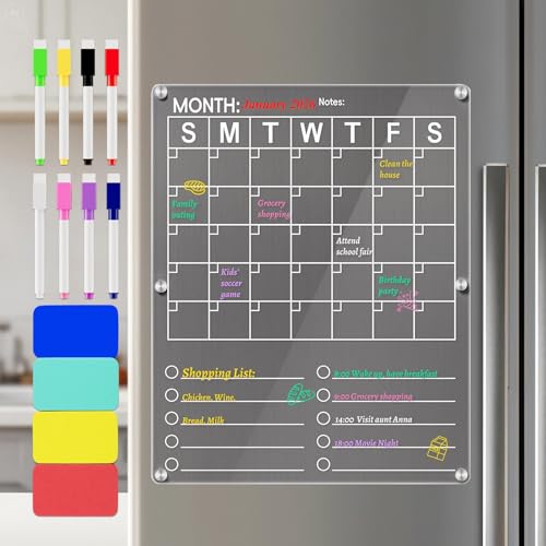 Calendario Magnetico Nevera Transparente,con 8 Rotuladores,11.4x14.17 Zoll Set de Pizarras Magnéticas para Planificador de Comidas, Listas de la Compra, Objetivos Semanales