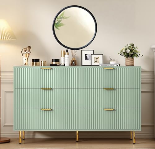 HRYJ 56" Wide Wooden 6 Drawers Dresser for Bedroom Closet,