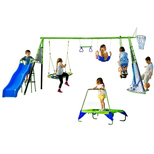FITNESS REALITY KIDS Sports Outdoor 8 Station Playground Set, Includes Swing Set, Slide, Monkey...