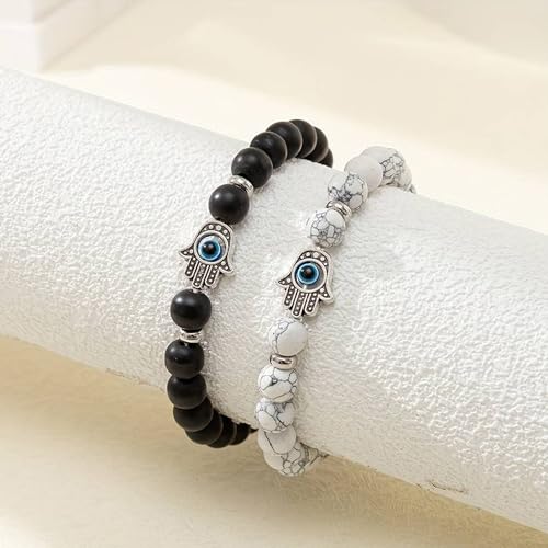 Image of Fashion Frill Couple Bracelets Black & White Onyx Evil Eye Stretchable Wrist Band Bracelet For Women Men Boys Girls Love Gifts Friendship Promise Bracelets