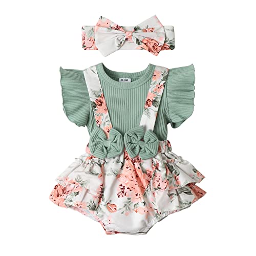 Image of Newborn Baby Girl Clothes Infant Romper Floral Suspender Dress Ruffle Sleeve Onesie Outfit Jumpsuit Headband Spring Summer