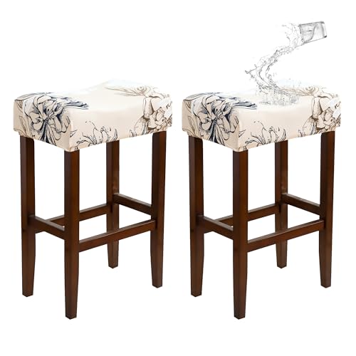 Image of Waterproof Bar Stool Covers Rectangle Set of 2 Elegant Flower Stretch Backless Barstool Chair Covers Rectangular Washable