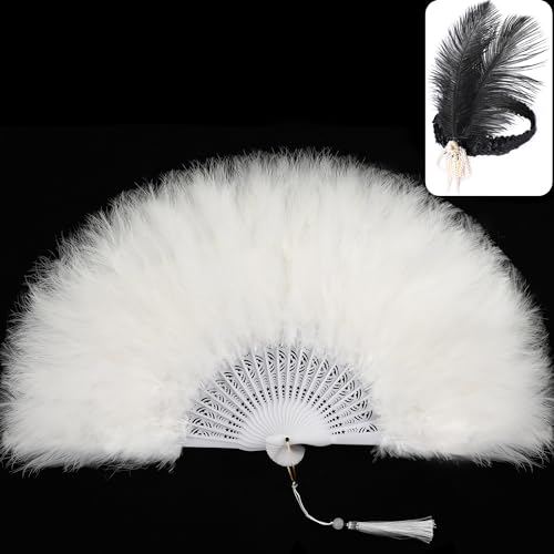 SOGUGOM White Feather Fan with Headband - Renaissance Style, Gatsby Party, Rave, Hand Fan, Marabou Feathers, Clothing Accessories and Party Decorations (Off White)