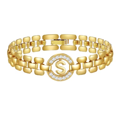 WEDDINEN Initial Bracelet - 14K Gold Plated Letter Bracelet Thick Bangle Wrist Jewelry for Women - Initial S Charm Chain