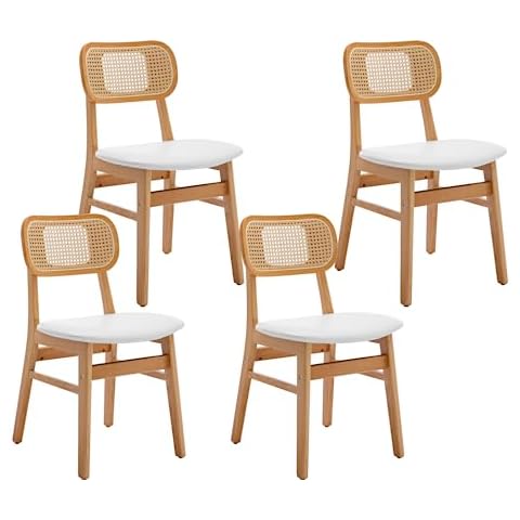 EALSON Rattan Dining Chairs Set of 4 Leather Upholstered Dining Room Chairs Mid Century Modern Wood Kitchen Chairs Farmhouse Armless Side Chairs for Dining Room/Kitchen, White Cover