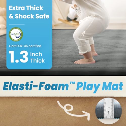 Image of 1.3 inch Thick Baby Play Mat for Floor Playpen, 71x59 Large Foam Tummy Time Mat, Padded Support Soft Plush Nursery Rug for Infant Kids Toddler Crawling Kick Activity (Dark Grey)