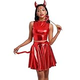 Damen Teufel und Engel Halloween Kostüm Holographisch Crop Top Glänzend Rock Hörner Stirnband Mistgabel Teufelsschwanz 5Stück Metallisch Clubwear Festival Rave Outfit Rotes Oberteil+Rock M