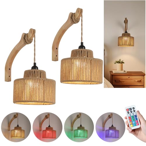 Image of Dijiahua Boho Wall Sconces Set of Two Battery Operated,Wireless Rechargeable Woven Rattan Sconces Wall Lights with Remote, RGB 12 Colors Dimmable Wall Lamp, Wood Indoor Cordless Sconce Lighting
