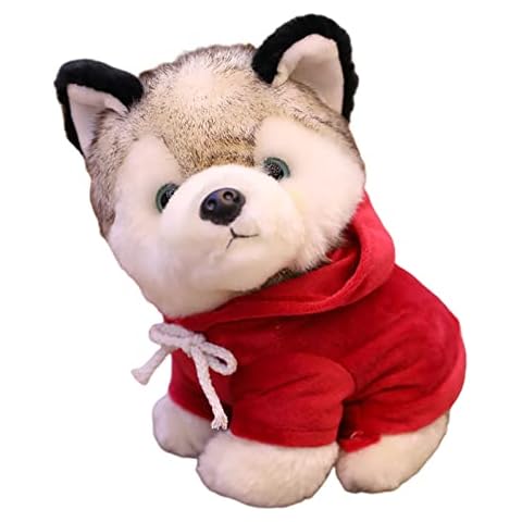 XIANGYUNLAI Husky Stuffed Animals Lifelike Siberian Hoodie Husky Black White Wolf Stuffed Animal, Soft Cuddle Adorable Giftsfor Girls Boys, Plush Toy,Red,8inch Cover