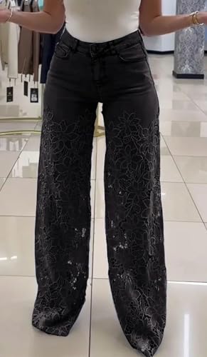 loveimgs Womem Baggy Lace Patchwork Hollow Out Denim Pants High Rise Wide Leg Floral Cutout Floor Length Jeans Pockets Zipper3