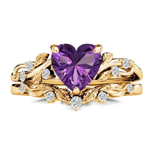 10K/14K/18K Solid Gold Vintage 1.5CT Heart Gemstone Engagement Ring Set for Bridal Leaf Vine Art Deco Birthstone Wedding Promise Anniversary Rings Sets for Women Her Size 4~12