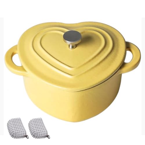 DYHQQ Enamel Cast Iron Dutch Oven 500ML Heart-Shaped Dutch Oven Pot with Lid And Dual Handles Silicone Accessories Included Works on All Stovetops Oven Safe To 500°F,Yellow