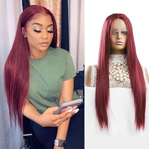 MOONSHOW Long Straight Lace Front Wigs for Black Women Wine Red Lace Front Wigs for Women Burgundy Wig With Baby Hair Dark Red 99J Color Lace Front Wig Pre Plucked Burgundy Straight Hair Wig Cover