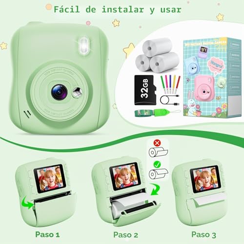 Miniatura 5 de Hangrui Camara Fotos Infantil Instantanea, 1080p Camara Fotos Infantil, Cámara Instantánea Para Niños Con Tarjeta De 32gb,Papel De Impresión Y Bolígrafos De Colores, Regalos Juguete-Verde