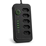Extensão Elétrica Bivolt com 5 Tomadas, 4 USB e 2 USB-C, Filtro de Linha com Interruptor, Cabo de 2m Metros, Proteção Contra Sobrecarga para Home Office, Escritório, Gamer e Eletrônicos preta