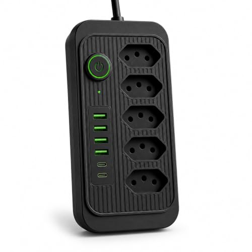 Extensão Elétrica Bivolt com 5 Tomadas, 4 USB e 2 USB-C, Filtro de Linha com Interruptor, Cabo de 2m Metros, Proteção Contra Sobrecarga para Home Office, Escritório, Gamer e Eletrônicos preta