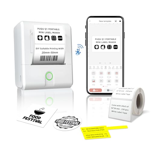 PUQU Q1 - Impresora de etiquetas de código de barras de 2 pulgadas, mini etiquetadora térmica portátil Bluetooth, máquina de calcomanías para pequeñas empresas, logotipo, oficina, nombre, joyas,
