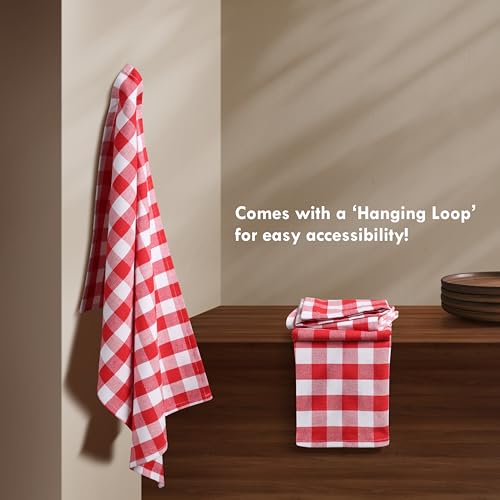 Image of Gingham Check Dish Towels 12 Pack, 18 inchx26 inch, Absorbent Hand Towels for Kitchen Use, Quick Dry Cloths, 100% Cotton, Durable Washable Rags, Reusable Dishcloth Set - Red, White