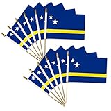 12 Pack Small Curacao Flag Stick 5.3'' x 8.3'' - Handheld Curacao Flags with Wooden Sticks Spear Top, Mini Country Flag Hand Waving Sticks for National Day Curacao Party Decorations