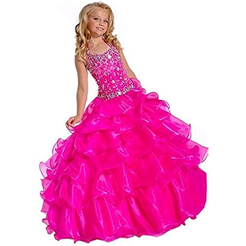 Junguan Girl's Halter Beaded Rhinestones Pageant Dress Classic Birthday Wedding Party Long Gown JD001 Fuchsia Cover