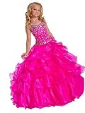 Junguan Girl's Halter Beaded Rhinestones Pageant Dress Classic Birthday Wedding Party Long Gown 10 US Fuchsia