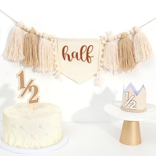 Half Way to One Birthday Decorations - Bohemian Half Tassel High Chair Banner,Simple 1/2 Birthday Cake Topper,Cake Smash Rustic 1/2 Crown,6 Months Party Set Photo Props