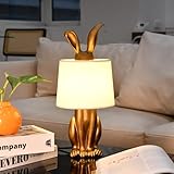 YHT Bunny Table Lamp, Rabbit Table Lamp with Linen Shade & Gold Resin Base, Whimsical LED Vintage Animal Rabbit Light, for Bedroom, Nursery, Office, Kids Room, Holiday or Gift (White)