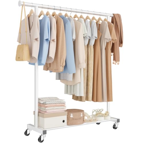 MWQ Standard Clothes Rack, Rolling 60“L Clothing Garment Rack with Wheels for Hanging Clothes, Portable Wardrobe Rack for Bedroom, Laundry Room, White by MWQ - Used condition - US$25.54