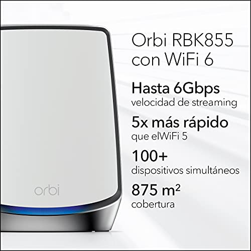 NETGEAR-Orbi-Mesh-WiF-6-RBK855-Sistema-tribanda-Compuesto-por-1-Router-y-4-Extensores-satelite-Cobertura-de-hasta-875-m-y-hasta-100-Dispositivos-AX6000-hasta-6-Gbps