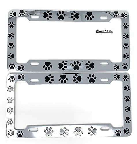 Animal Black Paws Print Design License Plate Frame, Pet Dog Cat, Set of 2 with 2pcs 3D Chrome Dog Paw Footprint Sticker Decal