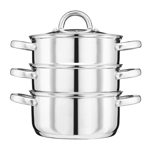 Cooks Professional 3 Tier Stainless Steel Steamer Pan | Durable Vegetable Steam Cooker Pots with Glass Lid, Vent & Twin Handles | Suitable for All Hobs Inc Induction | Dishwasher Safe | 24cm Diameter