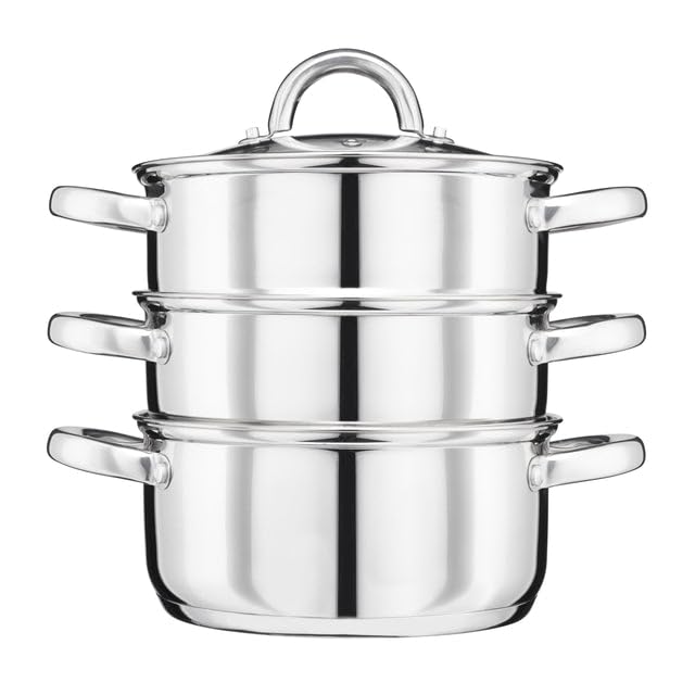 Cooks Professional 3 Tier Stainless Steel Steamer Pan | Durable Vegetable Steam Cooker Pots with Glass Lid Vent & Twin Handles | Suitable for All Hobs Inc Induction | Dishwasher Safe | 16cm Diameter