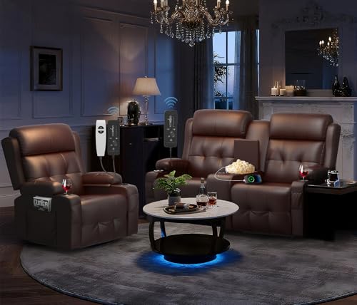 Image of Recliner Sofa Set, Home Theater Seating with Massage, Loveseat Recliner Couch and Recliner Single Chair with USB, Wall Hugger Reclining Movie Theater Chair with Cup Holders, Drawer for Gaming Room