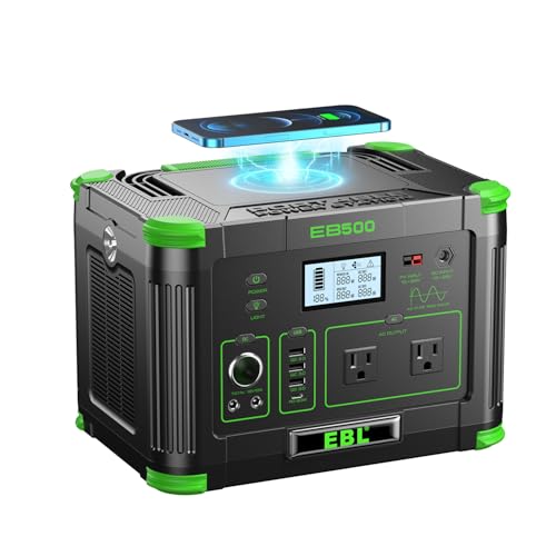 EBL Portable Power Station 500w(Peak 1000W), Camping Solar 519Wh Outdoor Solar Generator Backup Battery Pack with 2 110V AC Outlets, 10-Port Powerhouse for Outdoor and Indoor Emergency Use