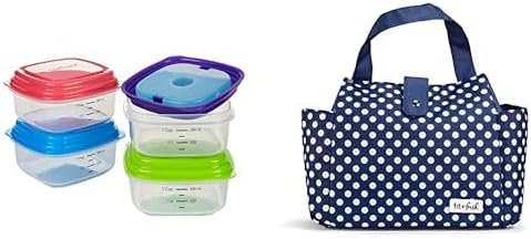 Fit & Fresh Classic Navy Dot Westport - Bolsa de almuerzo aislada para adultos y Stak Pak reutilizable con 2 paquetes de hielo