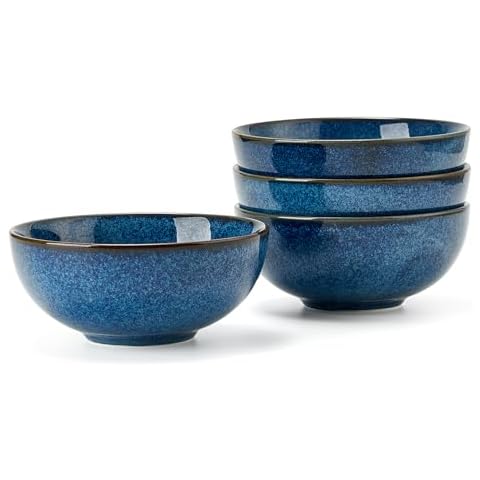 JH JIEMEI HOME Ceramic Cereal Bowls for Kitchen, 25 oz Soup Bowls Set of 4 Serving Bowls for Meal, Salad, Fruits, Dessert, Oatmeal, Ramen - Dishwasher Microwave Safe, Reactive Glaze Blue Cover