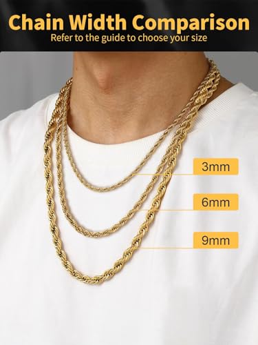 U7 Twisted Rope Chain, Figaro Chain, Men Stainless Steel Necklace and Bracelet Set, 3mm 5mm 6mm 9mm Black Gold Silver Chains Necklaces for Men Women 16"-30"4