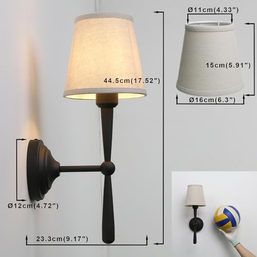Image of Yosoan Linen Shade Bedside Vanity Wall Sconce Set of 2, Vintage Industrial Hardwired Boho Indoor Wall Mounted with Funnel Textile for Bedroom Stairwell Hallway Bathroom(Black)
