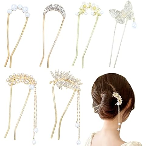 Lawie 6 Pieces Fancy Cute Flower Leaf Moon U Shaped Gold Metal Hair Fork Pins Wide Curved Chopsticks for Hair Sticks French Hair Pins Bun Decorative Accessories for Women Girls Cover