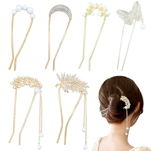 Lawie 6 Pieces Fancy Cute Flower Leaf Moon U Shaped Gold Metal Hair Fork Pins Wide Curved Chopsticks for Hair Sticks French Hair Pins Bun Decorative Accessories for Women Girls