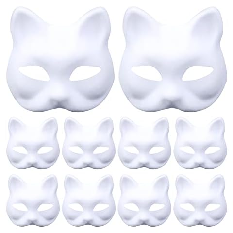 10 Stück DIY Weißes Papier Maske Handgemalte Maske Maskenball Party Maske Unbemalt Masken Überstreichbare Papiermasken Kreative Freie Design Maske für Karneval, Cosplay, Halloween Party (Katze) Cover